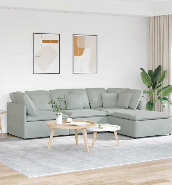 Modulares Sofa mit Fußhocker Kissen Samt Hellgrau