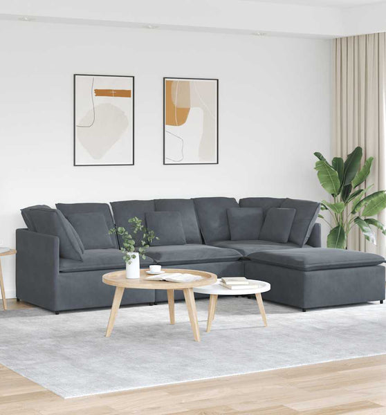 Modulares Sofa mit Fußhocker Kissen Samt Dunkelgrau