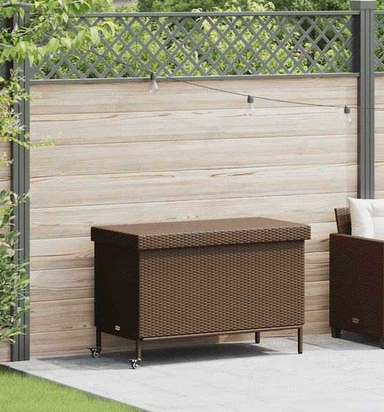 Gartentruhe mit Rollen Braun 110x55x73 cm Poly Rattan