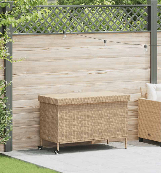 Gartentruhe mit Rollen Beige 110x55x73 cm Poly Rattan