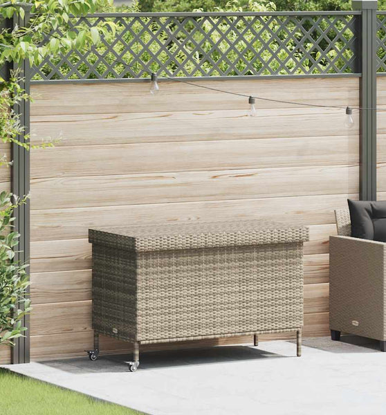 Gartentruhe mit Rollen Hellgrau 110x55x73 cm Poly Rattan