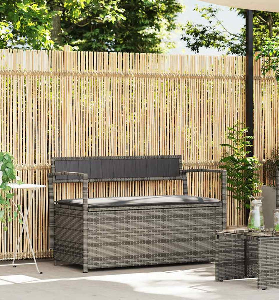 Gartenbank mit Stauraum und Kissen Grau Poly Rattan
