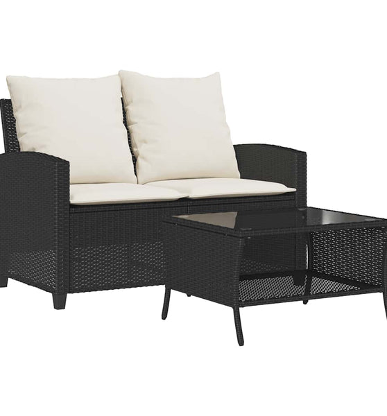 Gartensofa 2-Sitzer mit Kissen & Tisch Schwarz Poly Rattan