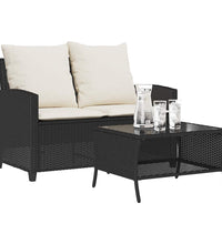 Gartensofa 2-Sitzer mit Kissen & Tisch Schwarz Poly Rattan