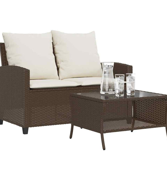 Gartensofa 2-Sitzer mit Kissen & Tisch Braun Poly Rattan