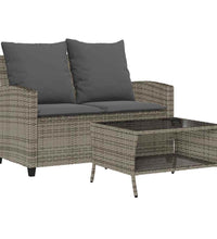 Gartensofa 2-Sitzer mit Kissen & Tisch Grau Poly Rattan