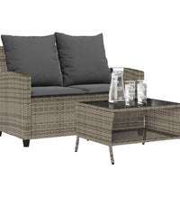 Gartensofa 2-Sitzer mit Kissen & Tisch Grau Poly Rattan