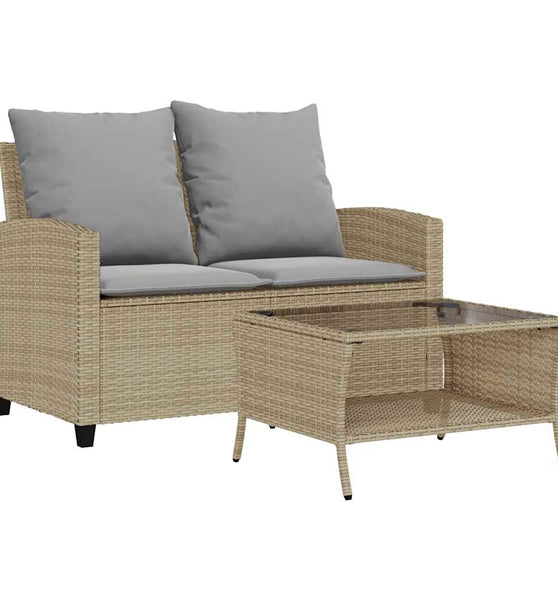 Gartensofa 2-Sitzer mit Kissen & Tisch Beige Poly Rattan