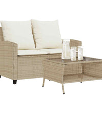 Gartensofa 2-Sitzer mit Kissen & Tisch Beige Poly Rattan