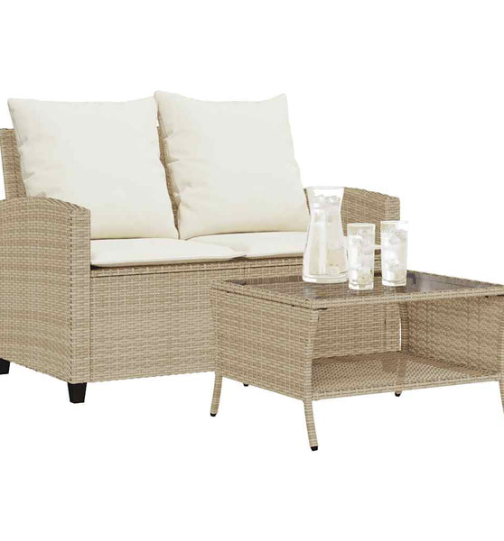 Gartensofa 2-Sitzer mit Kissen & Tisch Beige Poly Rattan