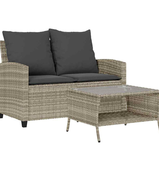 Gartensofa 2-Sitzer mit Kissen & Tisch Hellgrau Poly Rattan