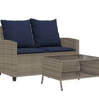 Gartensofa 2-Sitzer mit Kissen & Tisch Grau Poly Rattan