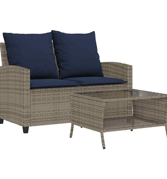 Gartensofa 2-Sitzer mit Kissen & Tisch Grau Poly Rattan