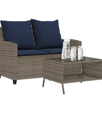 Gartensofa 2-Sitzer mit Kissen & Tisch Grau Poly Rattan