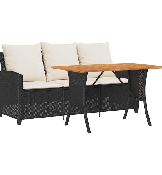 Gartensofa 3-Sitzer mit Kissen & Tisch Schwarz Poly Rattan