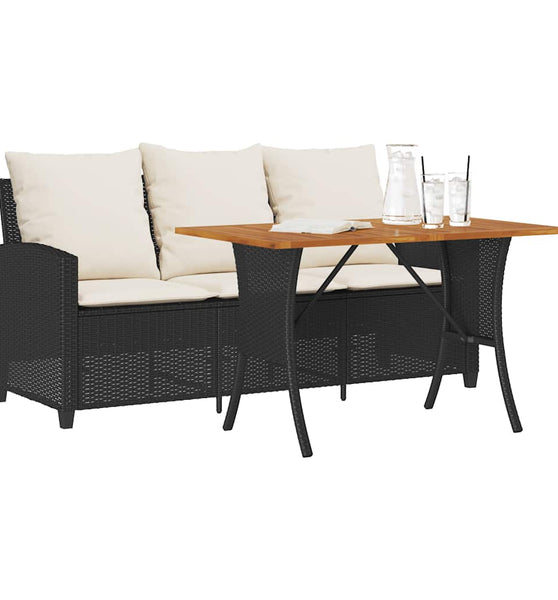 Gartensofa 3-Sitzer mit Kissen & Tisch Schwarz Poly Rattan