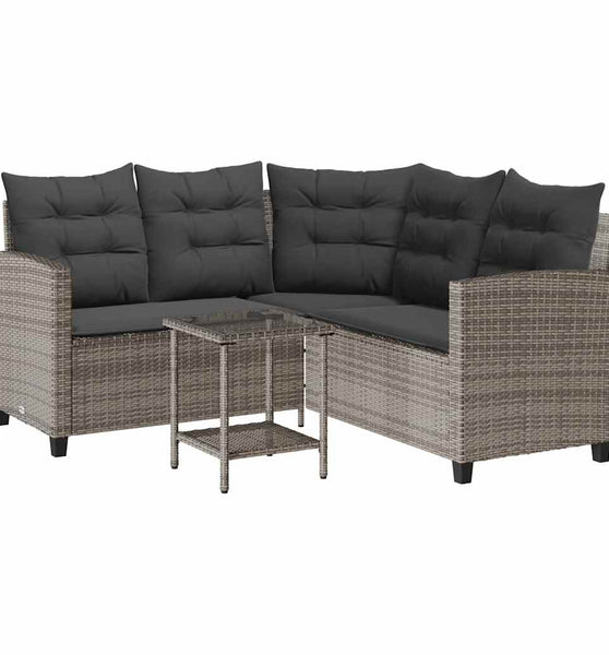 Gartensofa in L-Form mit Tisch und Kissen Grau Poly Rattan