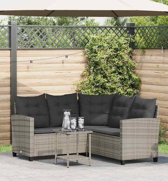 Gartensofa in L-Form mit Tisch und Kissen Grau Poly Rattan