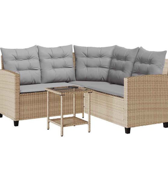 Gartensofa in L-Form mit Tisch und Kissen Beige Poly Rattan
