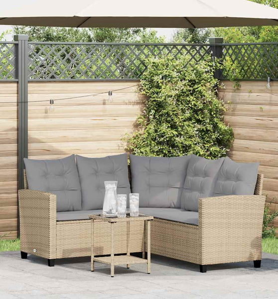 Gartensofa in L-Form mit Tisch und Kissen Beige Poly Rattan