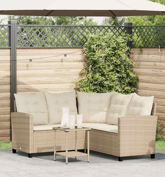 Gartensofa in L-Form mit Tisch und Kissen Beige Poly Rattan