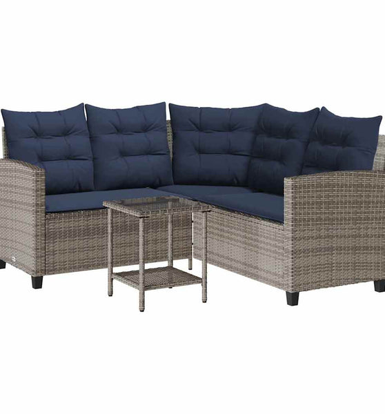 Gartensofa in L-Form mit Tisch und Kissen Grau Poly Rattan