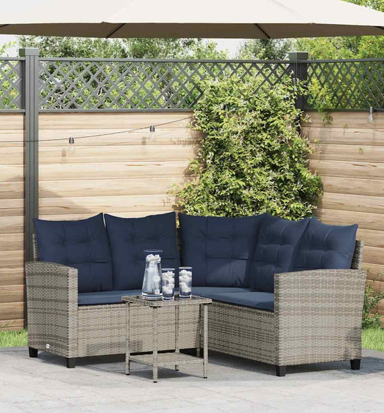 Gartensofa in L-Form mit Tisch und Kissen Grau Poly Rattan