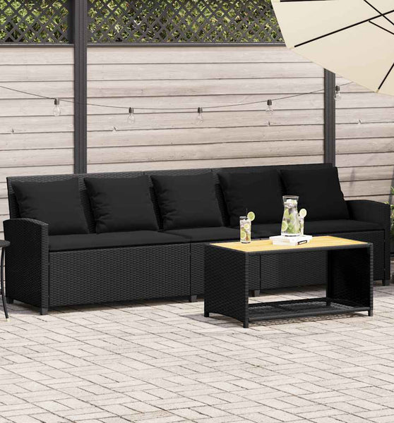 Gartensofa 5-Sitzer mit Kissen Schwarz Poly Rattan