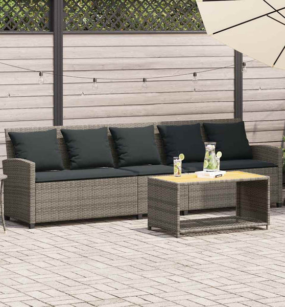Gartensofa 5-Sitzer mit Kissen Grau Poly Rattan