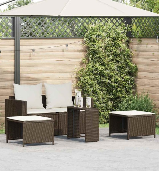 5-tlg. Garten-Sofagarnitur Kissen Stapelbar Braun Poly Rattan
