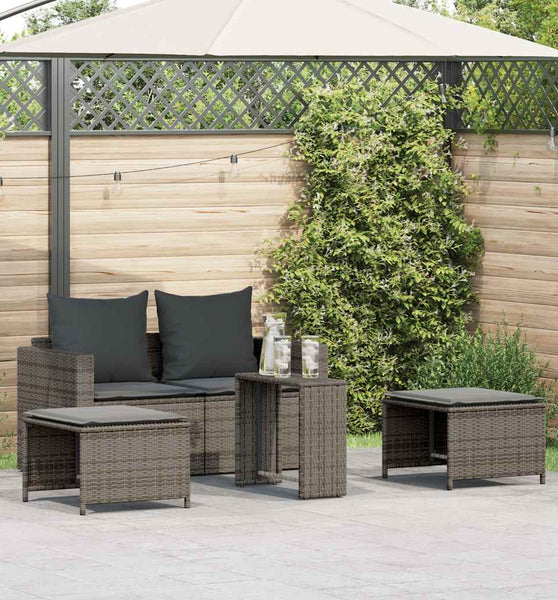 5-tlg. Garten-Sofagarnitur Kissen Stapelbar Grau Poly Rattan