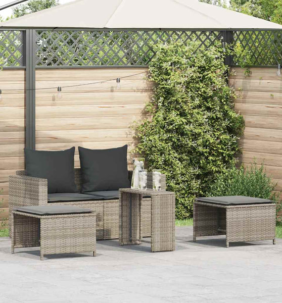 5tlg. Garten-Sofagarnitur Kissen Stapelbar Hellgrau Poly Rattan