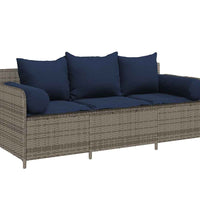 Gartensofa mit Kissen 3-Sitzer Grau Poly Rattan