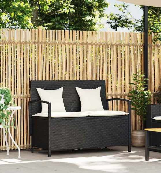 Gartenbank mit Stauraum und Kissen Schwarz Poly Rattan