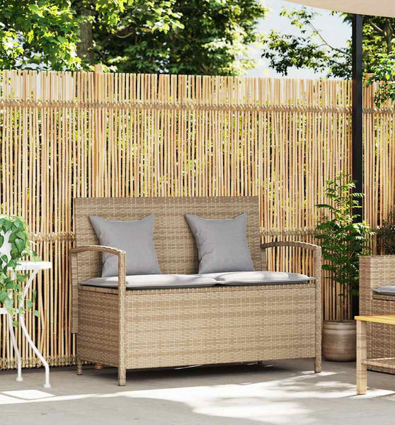 Gartenbank mit Stauraum und Kissen Beige Poly Rattan