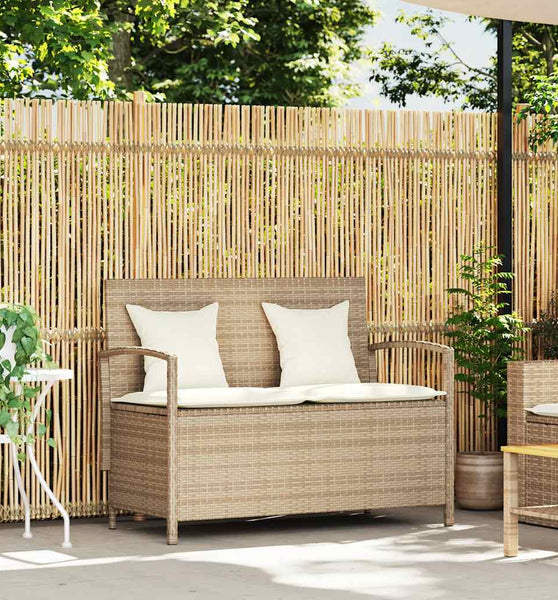 Gartenbank mit Stauraum und Kissen Beige Poly Rattan