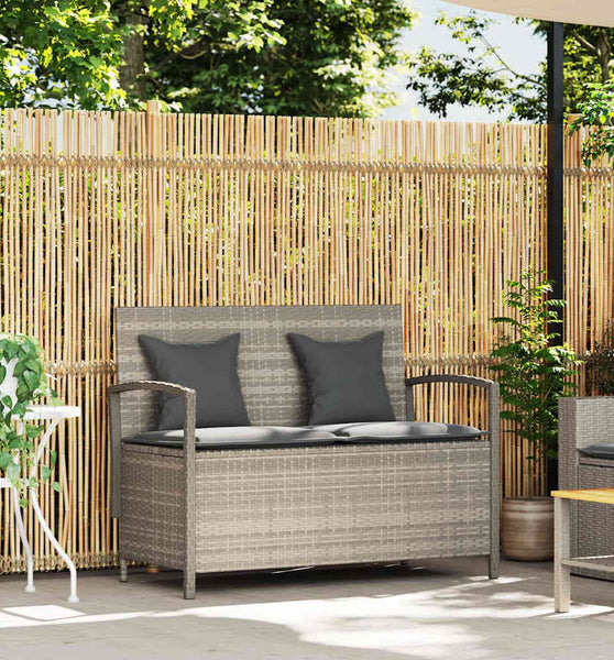 Gartenbank mit Stauraum und Kissen Hellgrau Poly Rattan