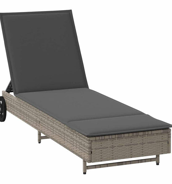 Sonnenliege mit Rollen und Auflage Grau Poly Rattan