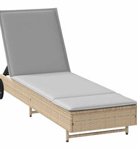 Sonnenliege mit Rollen und Auflage Beige Poly Rattan