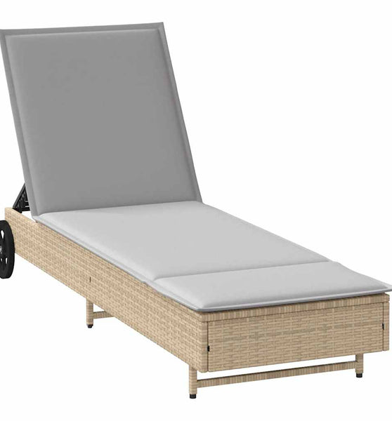 Sonnenliege mit Rollen und Auflage Beige Poly Rattan