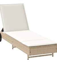 Sonnenliege mit Rollen und Auflage Beige Poly Rattan