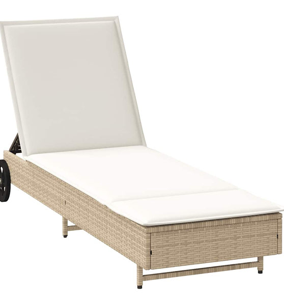 Sonnenliege mit Rollen und Auflage Beige Poly Rattan