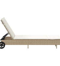 Sonnenliege mit Rollen und Auflage Beige Poly Rattan