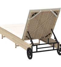 Sonnenliege mit Rollen und Auflage Beige Poly Rattan