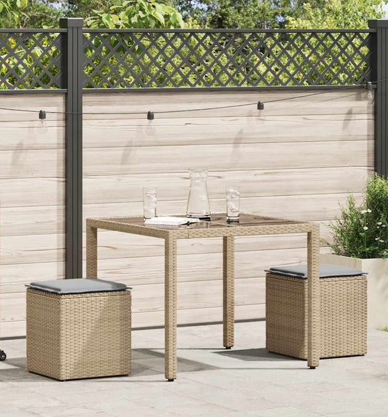 Gartenhocker mit Kissen 2 Stk. Beige 40x40x43 cm Poly Rattan