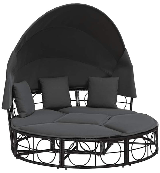 Outdoor-Loungebett mit Dach und Kissen Schwarz Poly Rattan