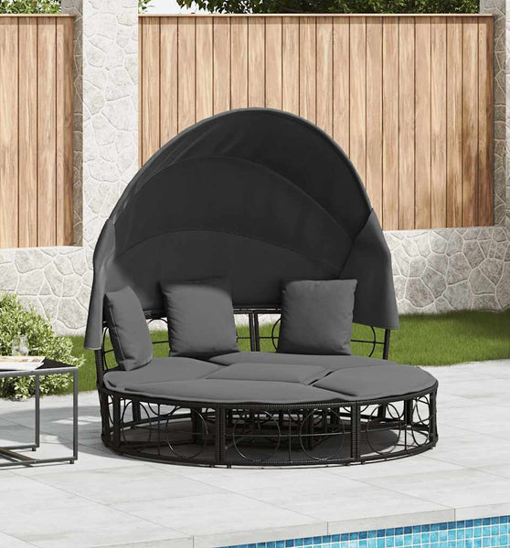 Outdoor-Loungebett mit Dach und Kissen Schwarz Poly Rattan