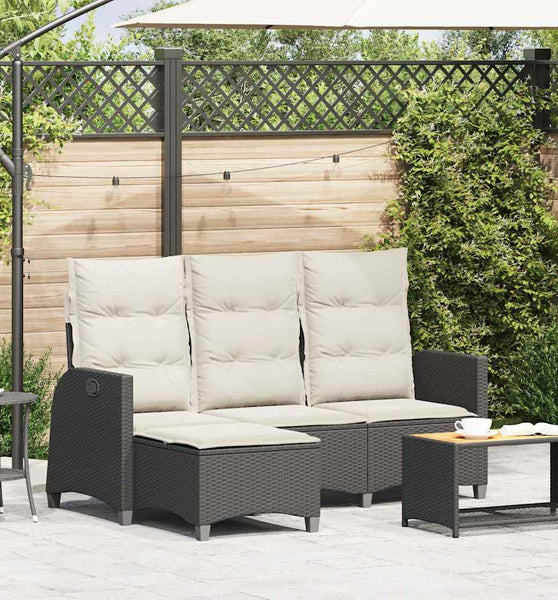 Gartensofa mit Liegefunktion Kissen L-Form Schwarz Poly Rattan