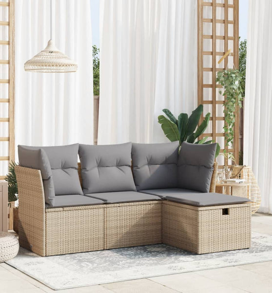 4-tlg. Garten-Sofagarnitur mit Kissen Beige Poly Rattan