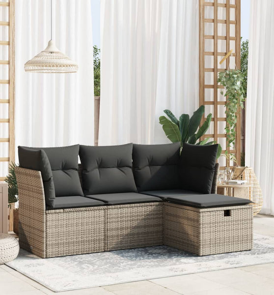 4-tlg. Garten-Sofagarnitur mit Kissen Grau Poly Rattan